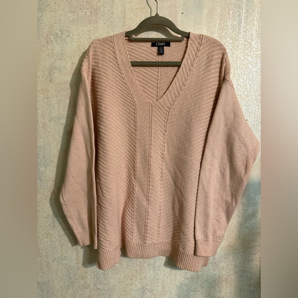 Chaps Women's Blush With Silver Sparkly Threads, V-Neck Sweater, Sz Lg